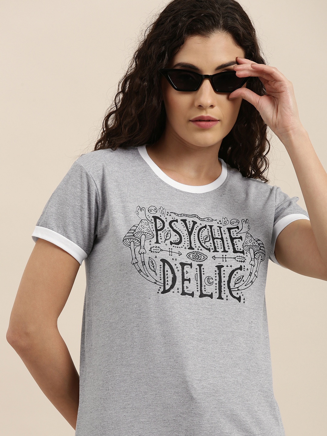 

Difference of Opinion Women Grey Melange Typography Printed Slim Fit T-shirt