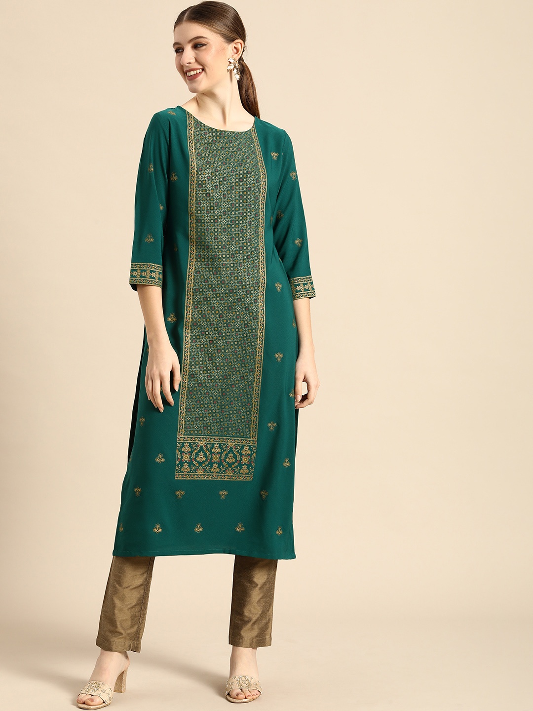 

Janasya Women Green Floral Printed Crepe Kurta