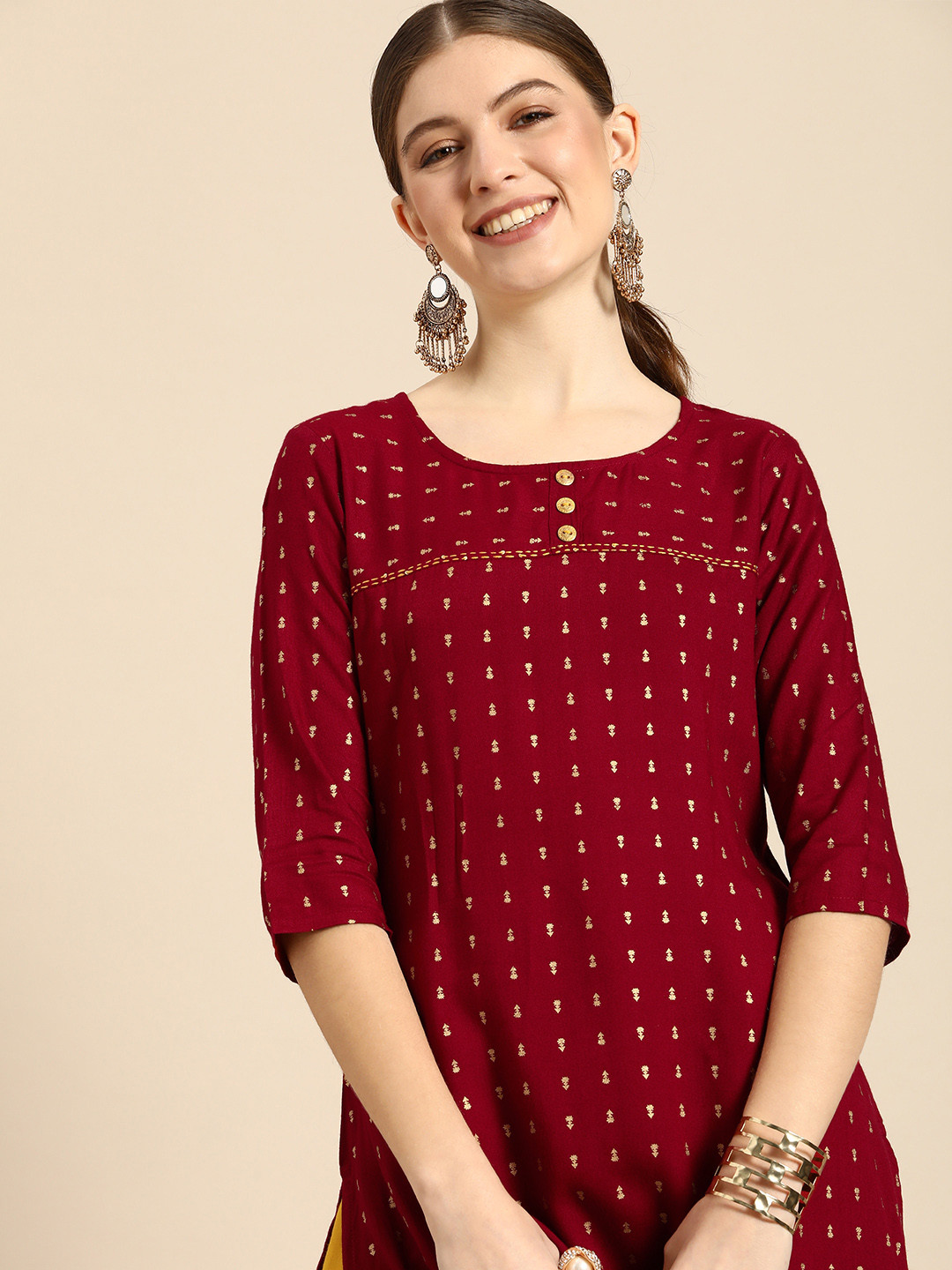 

Janasya Women Maroon Floral Printed Regular Thread Work Kurta with Palazzos