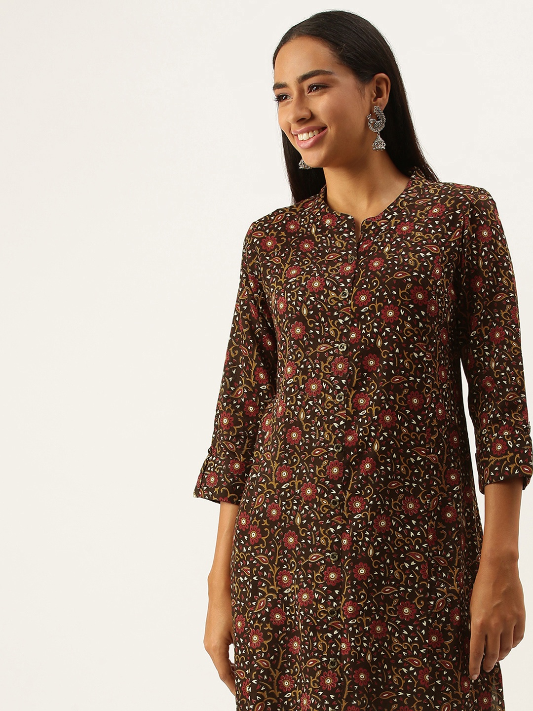 

AMUKTI Women Black & Brown Jaal Floral Printed Floral Kurta