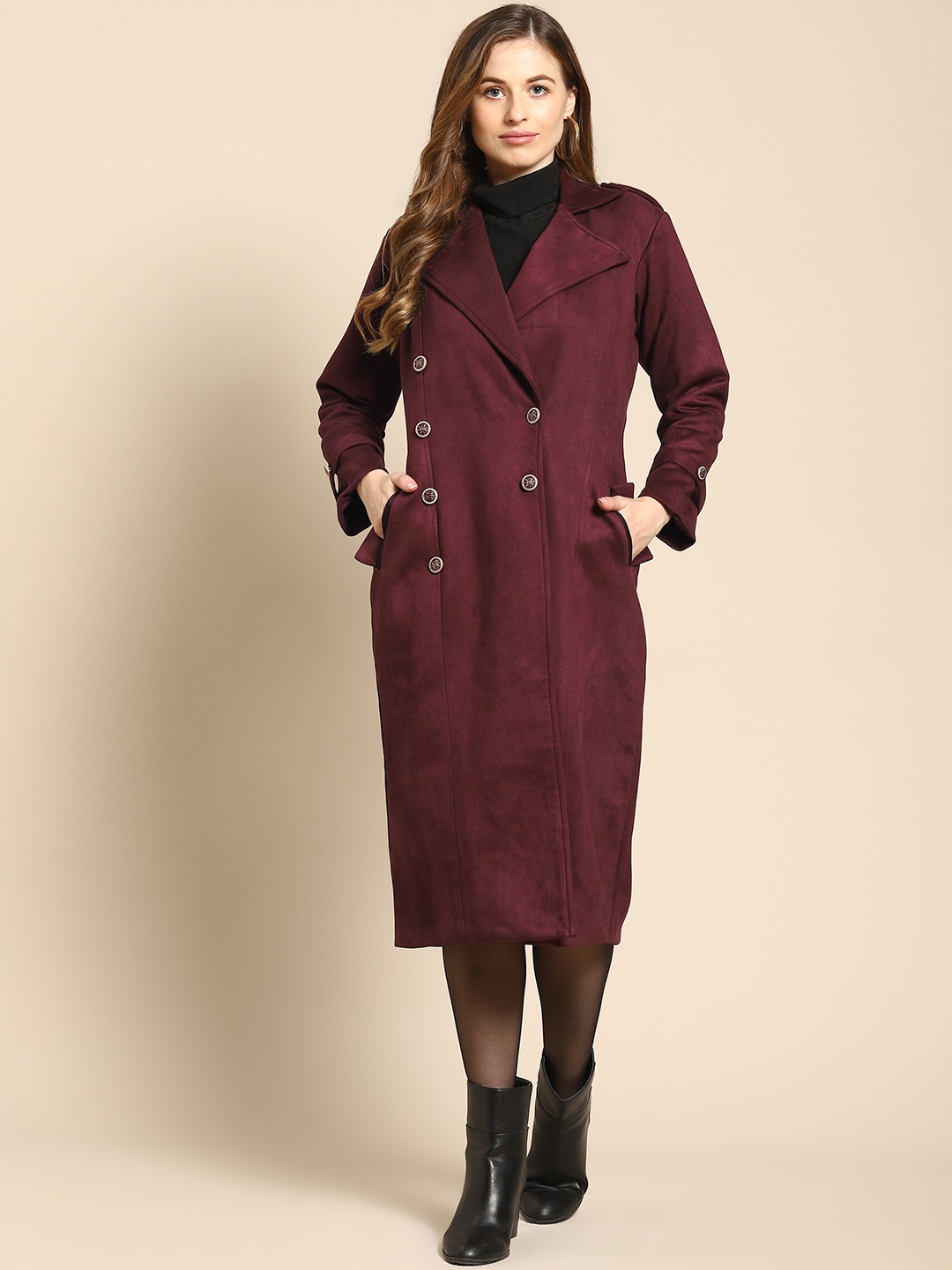 

Woowzerz Women Maroon Solid Overcoat