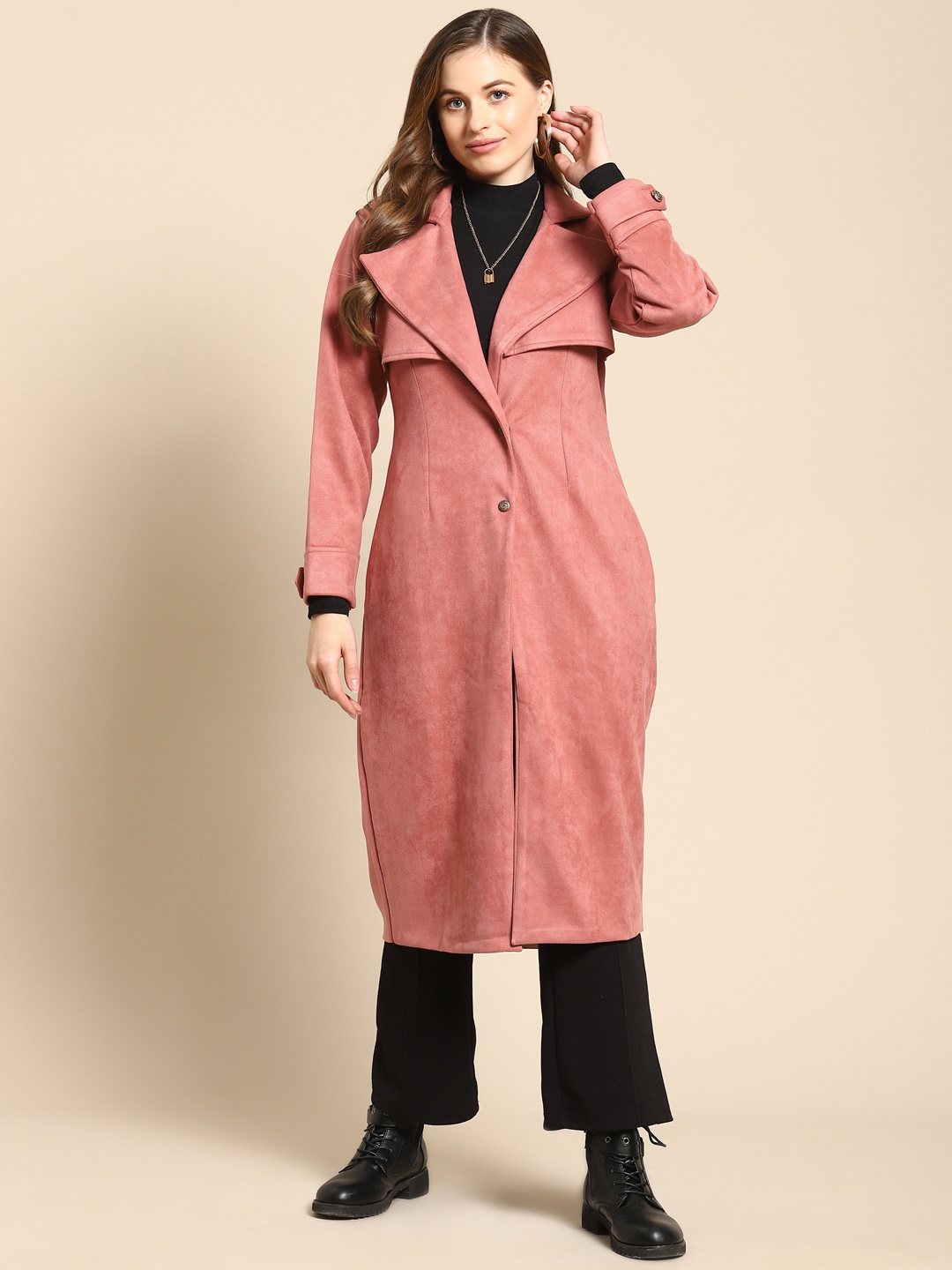 

WoowZerz Women Pink Solid Longline Trench Coat
