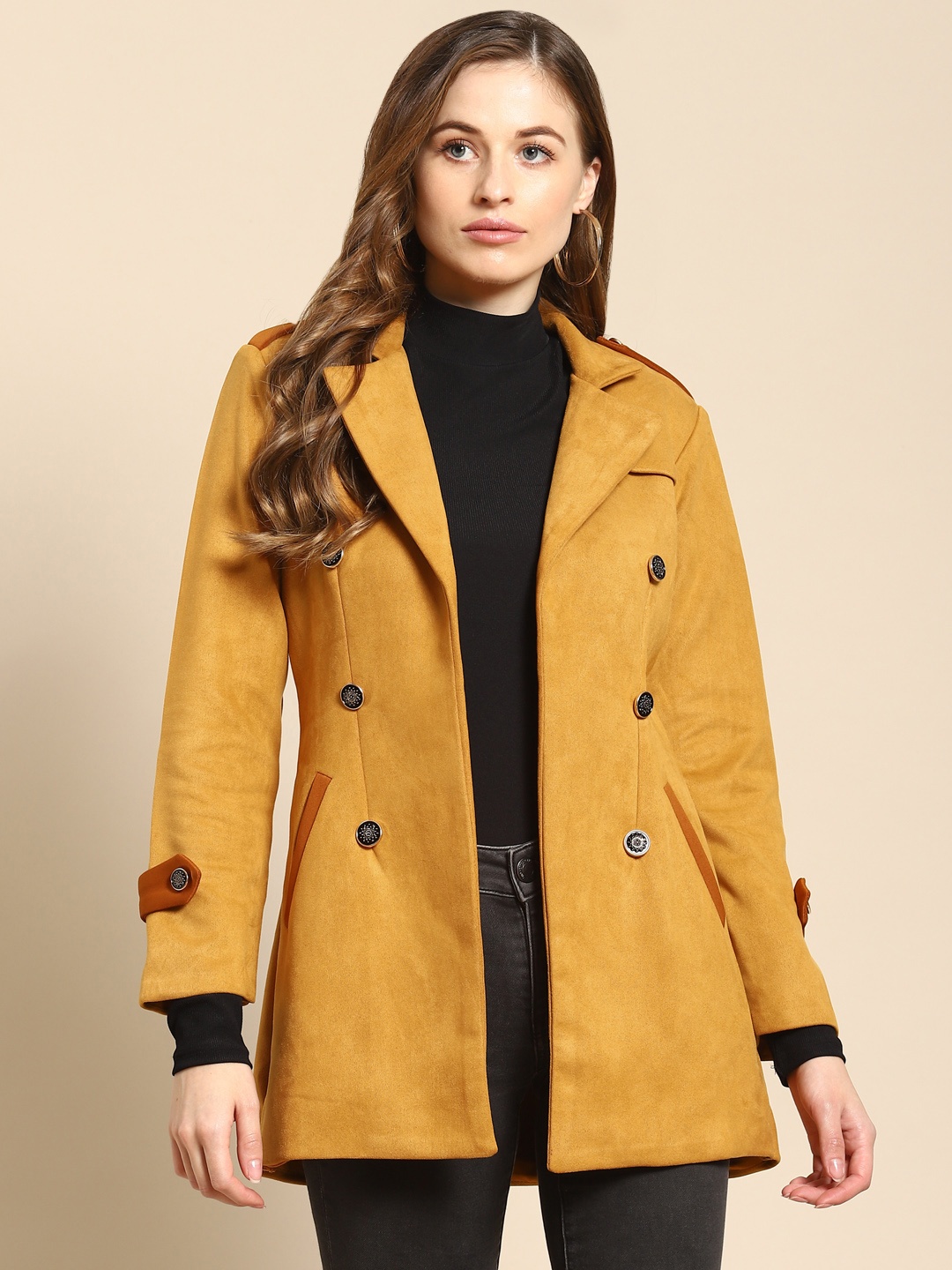 

WoowZerz Women Mustard Yellow Solid Open Front Coat