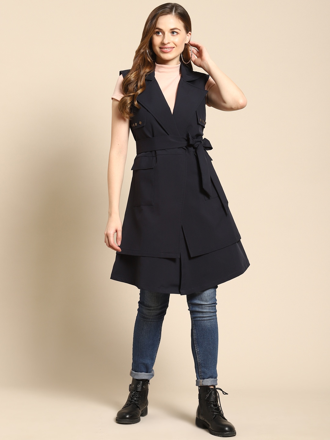 

WoowZerz Women Navy Blue Layered Sleeveless Over Coat