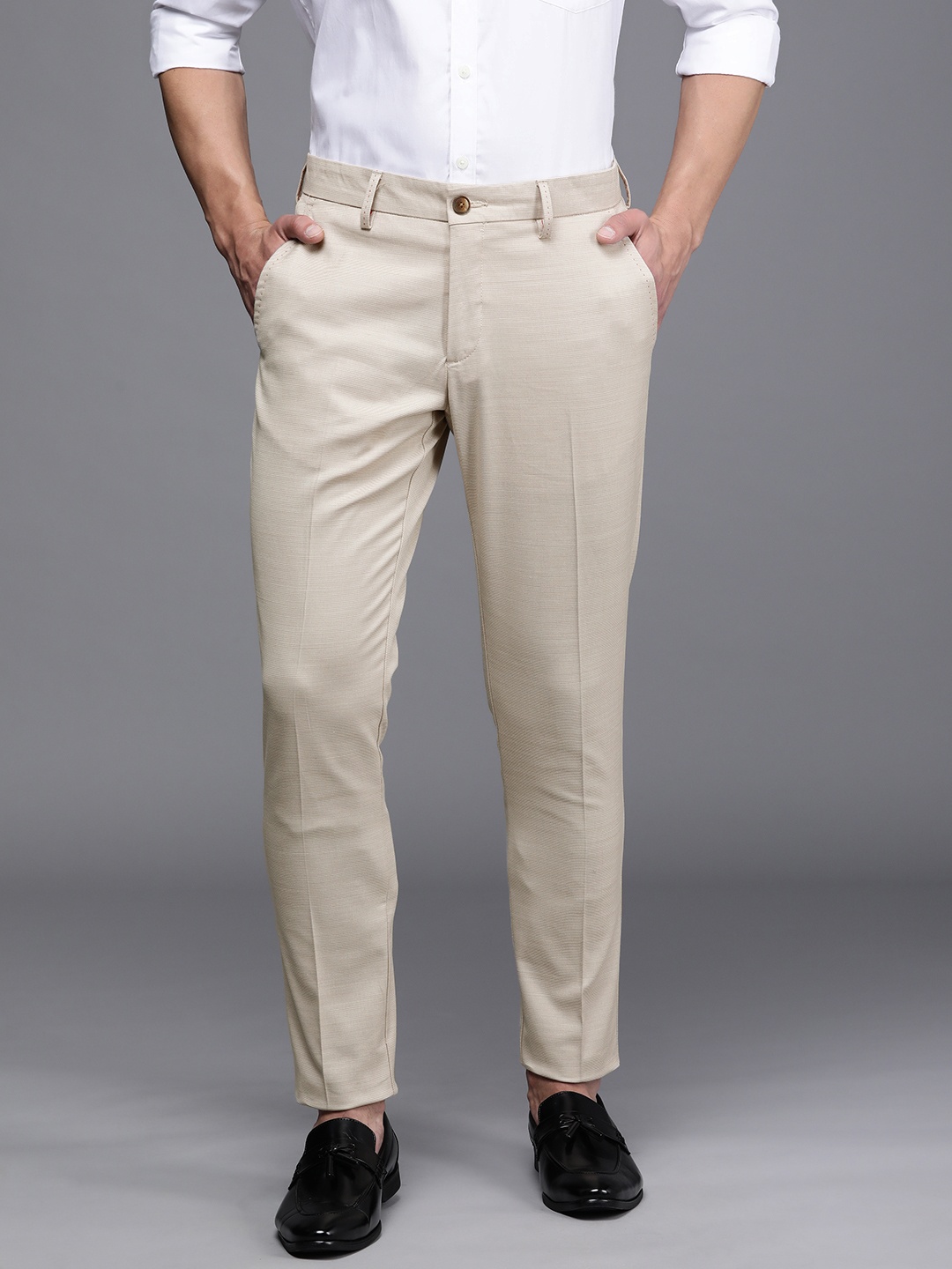 

Louis Philippe Sport Men Cream Self Designed Comfy Tapered Fit Trousers