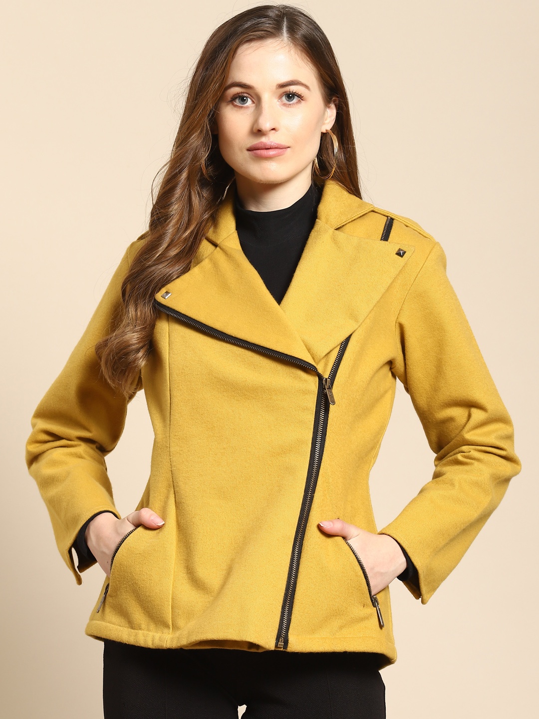 

WoowZerz Women Mustard Yellow Asymmetric Closure Tailored Jacket