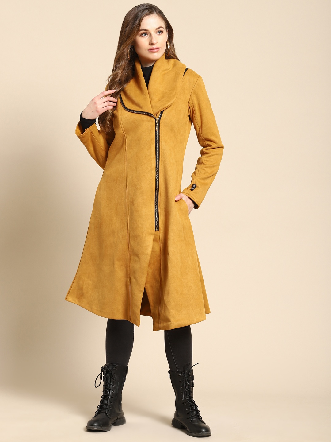 

WoowZerz Women Mustard Yellow Suede Asymmetric Closure Over coat