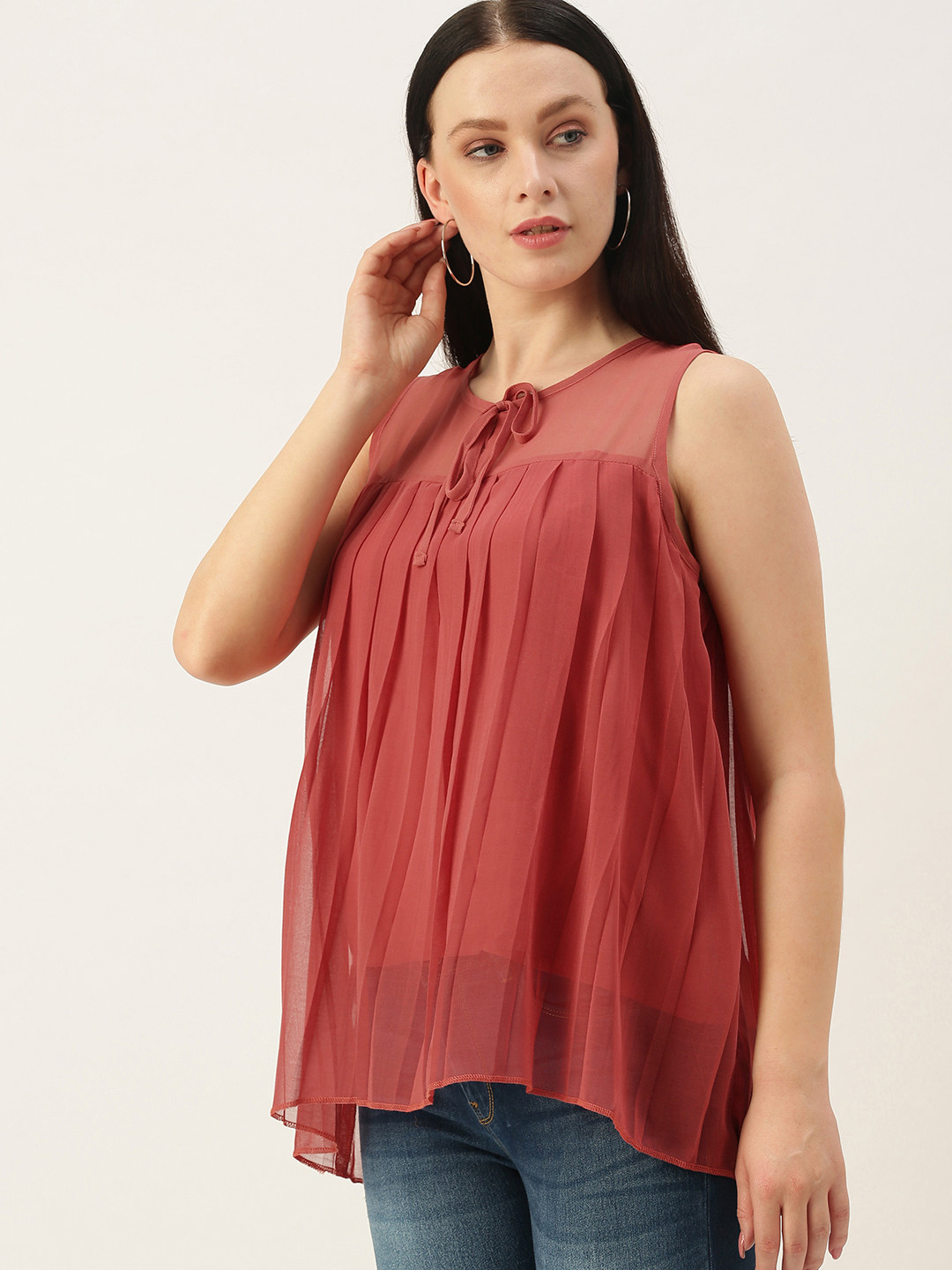 

SWAGG INDIA Pink Tie-Up Neck Georgette Regular Top