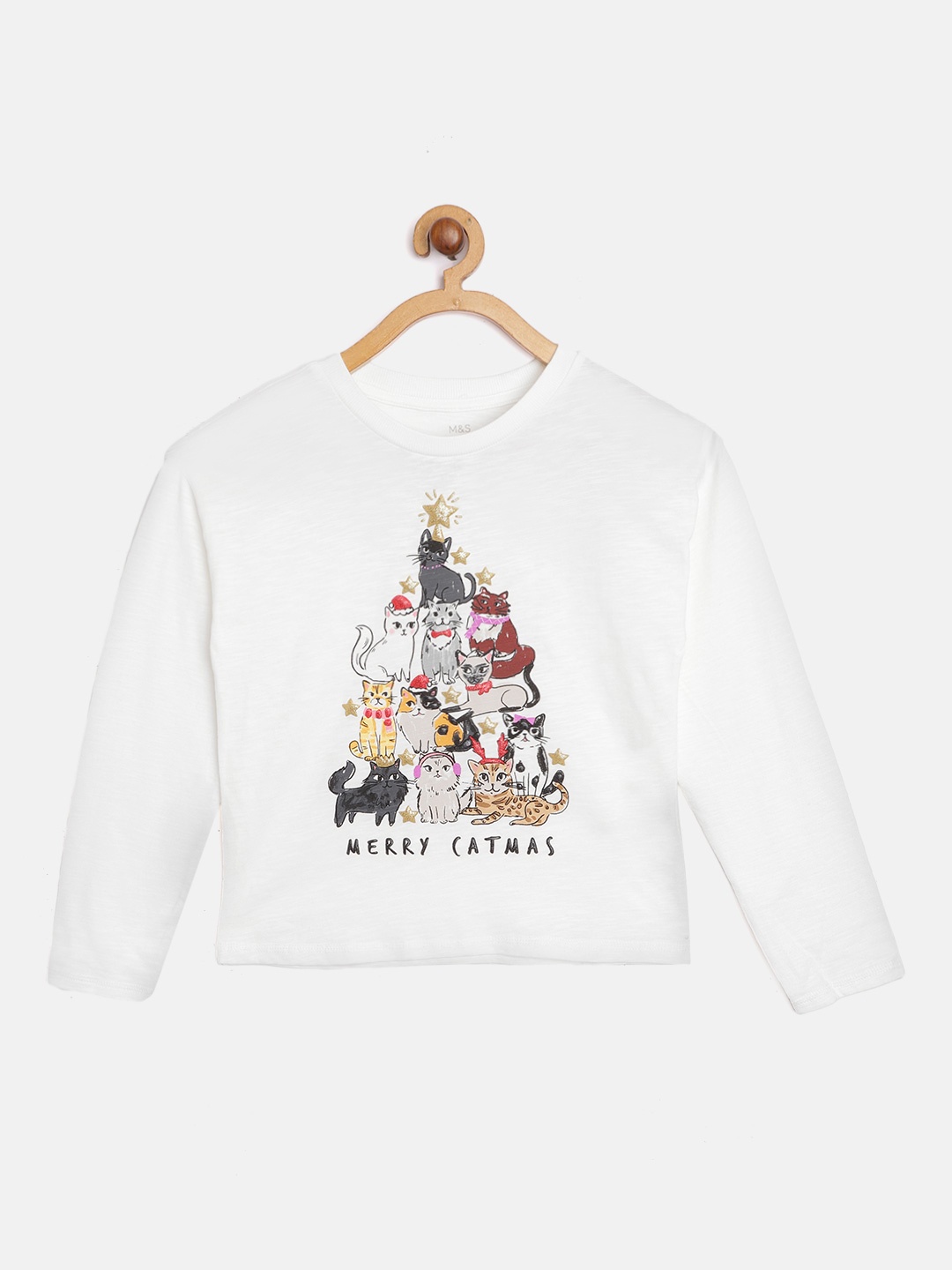 

Marks & Spencer Girls White Cotton Cat Printed Drop-Shoulder Sleeves T-shirt