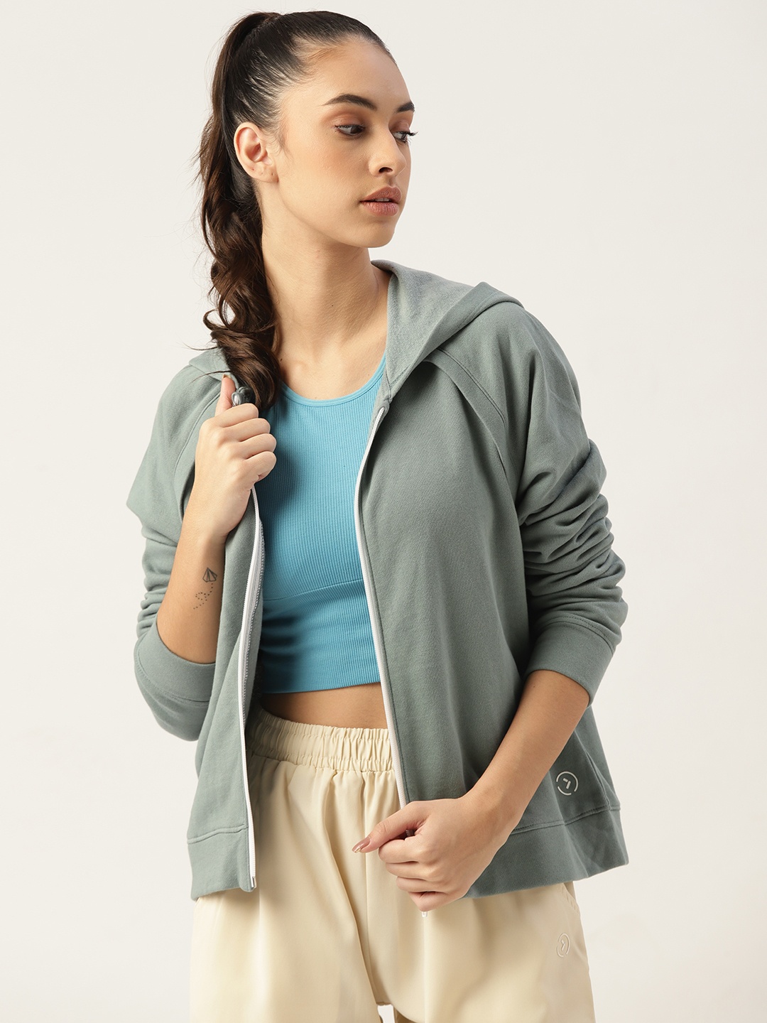 

KICA Women Blue Relaxed Fit Hoodie with Zip Up Front, Teal