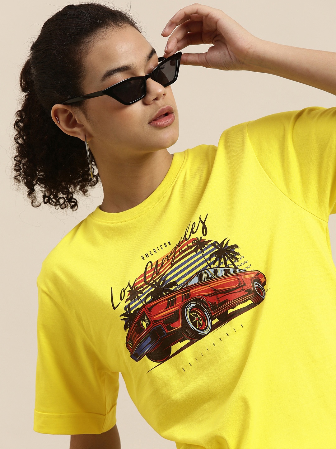 

DILLINGER Women Yellow Printed OversizedT-shirt