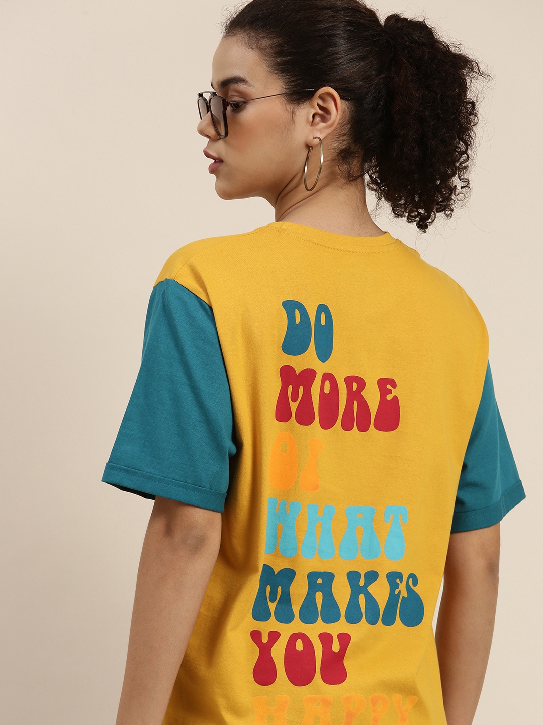 

DILLINGER Women Mustard Yellow & Blue Typography Printed OversizedT-shirt