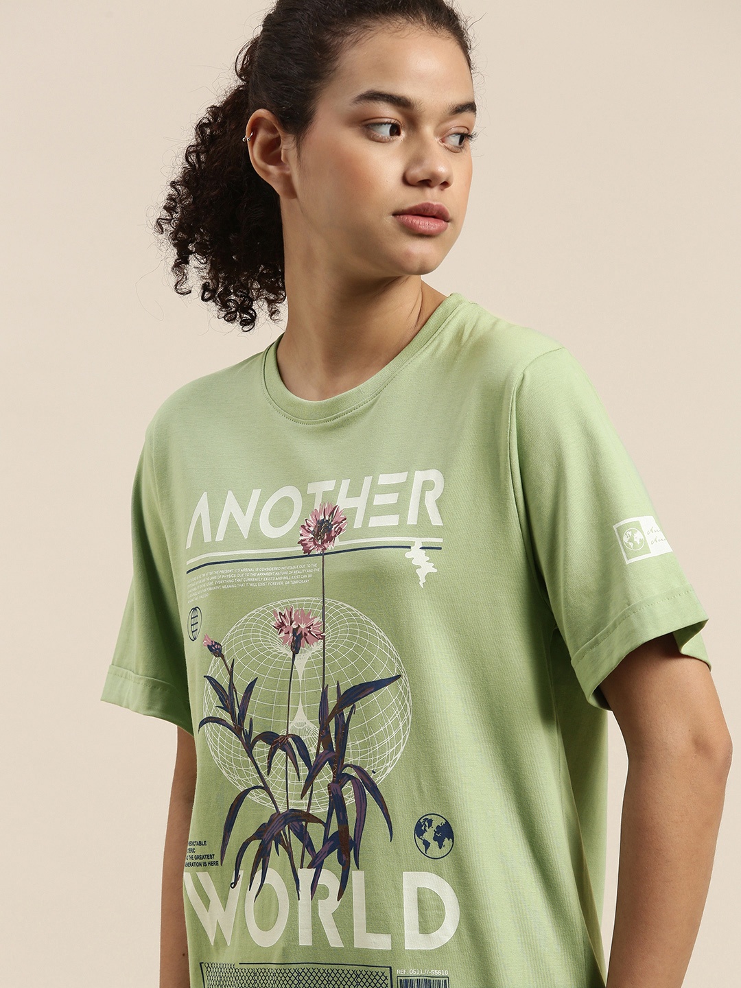 

DILLINGER Women Green Printed Pure Cotton OversizedT-shirt