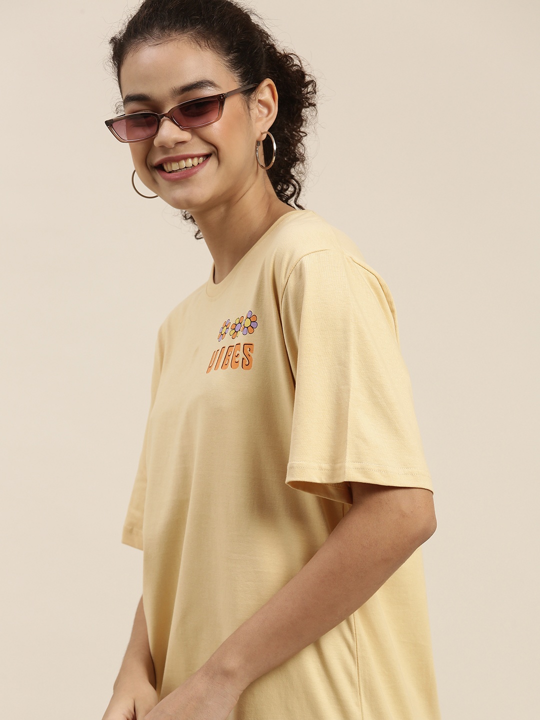 

DILLINGER Women Beige Typography Printed OversizedT-shirt
