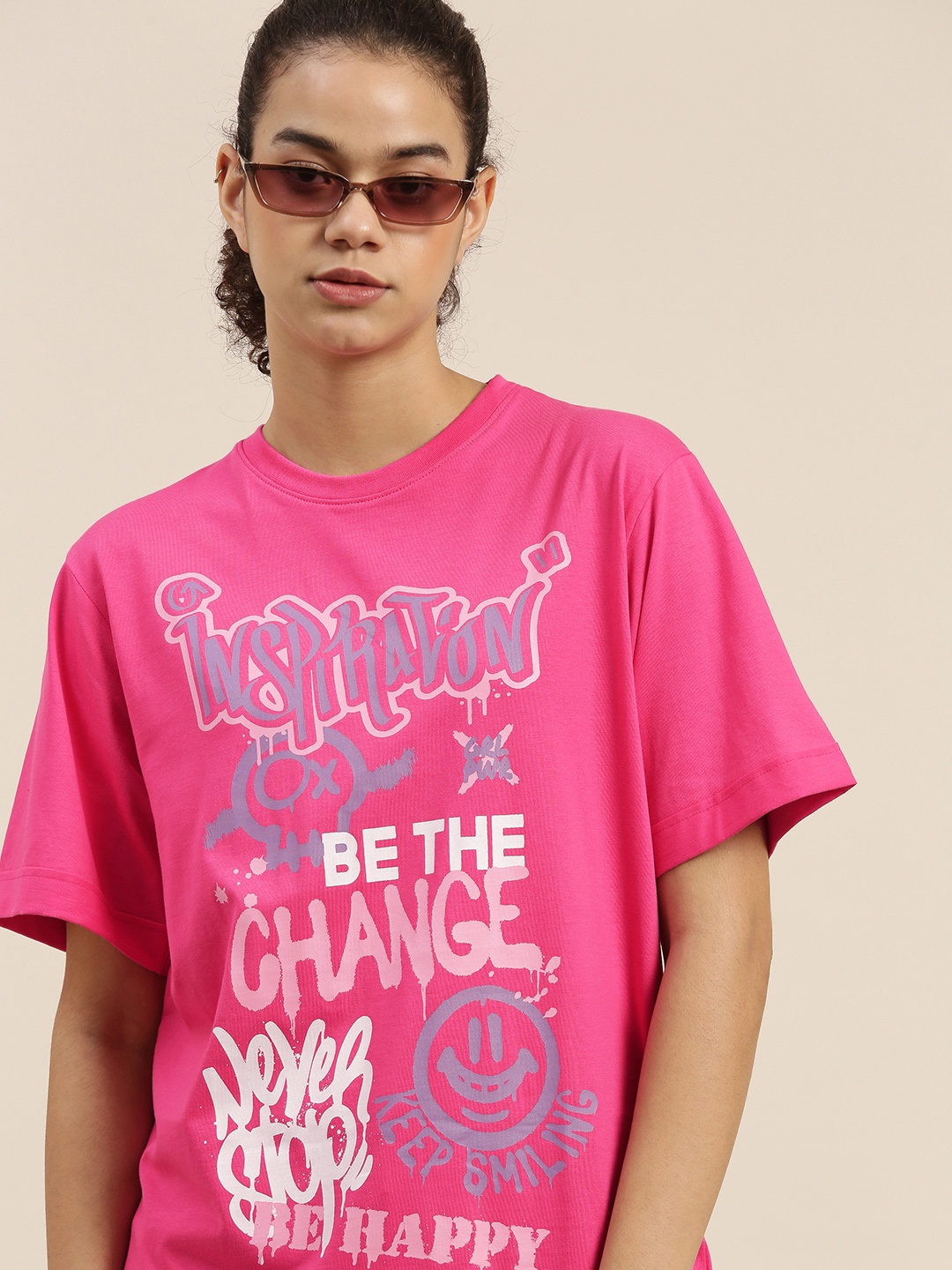 

DILLINGER Women Pink Typography Printed OversizedT-shirt