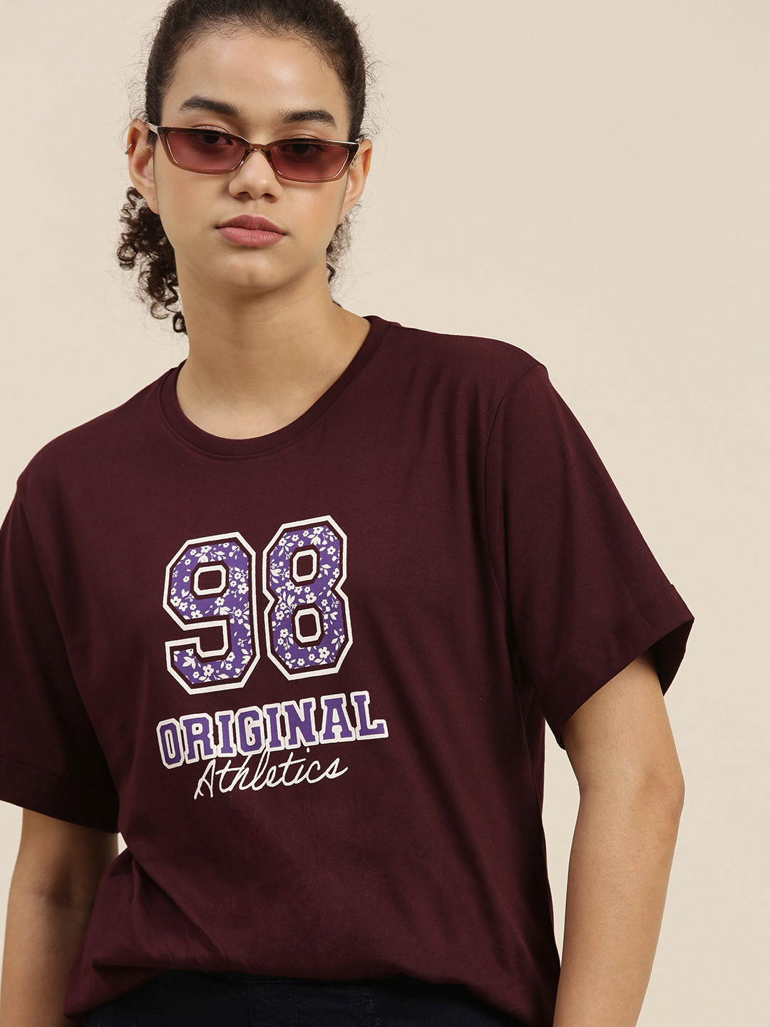 

DILLINGER Women Maroon Varsity Printed OversizedT-shirt