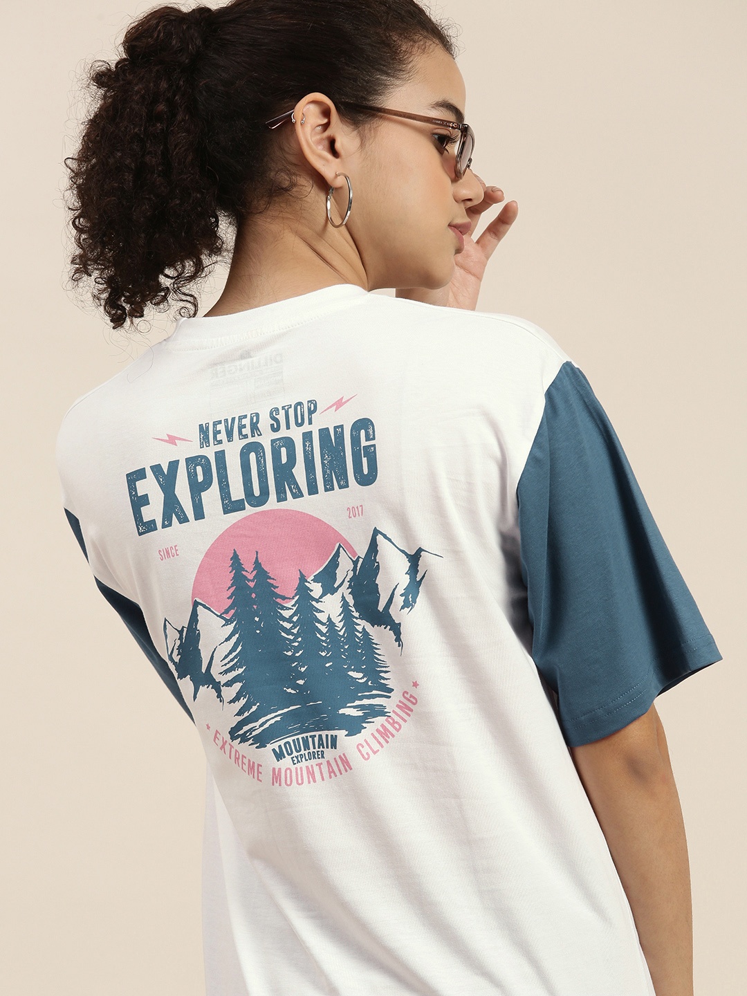 

DILLINGER Women White & Teal Typography Printed OversizedT-shirt