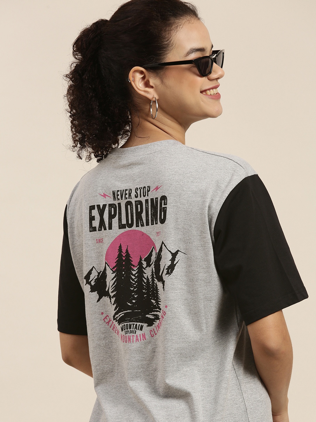 

DILLINGER Women Grey Melange & Black Typography Printed OversizedT-shirt
