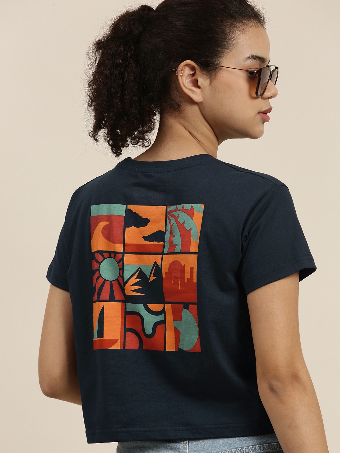 

DILLINGER Women Navy Blue Printed Pure Cotton Boxy T-shirt
