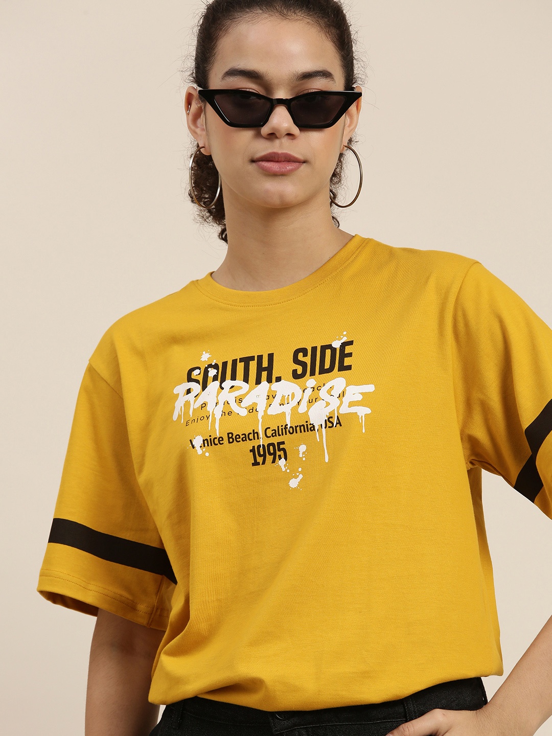 

DILLINGER Women Mustard Yellow Typography Printed OversizedT-shirt