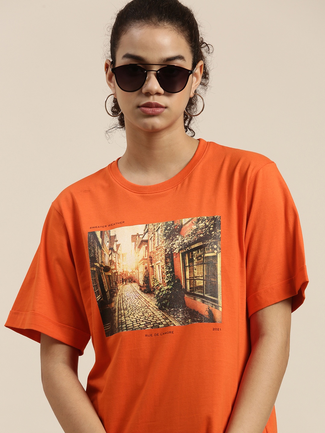 

DILLINGER Women Orange Printed OversizedT-shirt