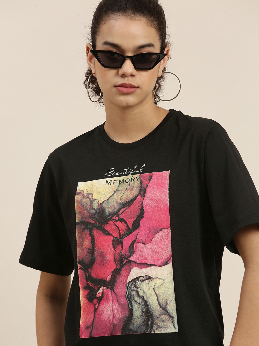 

DILLINGER Women Black Printed Pure Cotton OversizedT-shirt