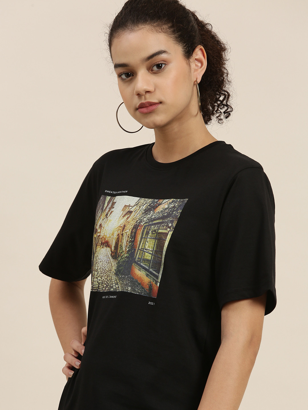 

DILLINGER Women Black Printed Pure Cotton OversizedT-shirt