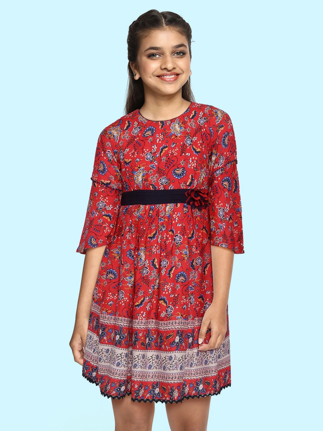 

Bella Moda Girls Red Ethnic Motifs Applique Fit & Flare Dress