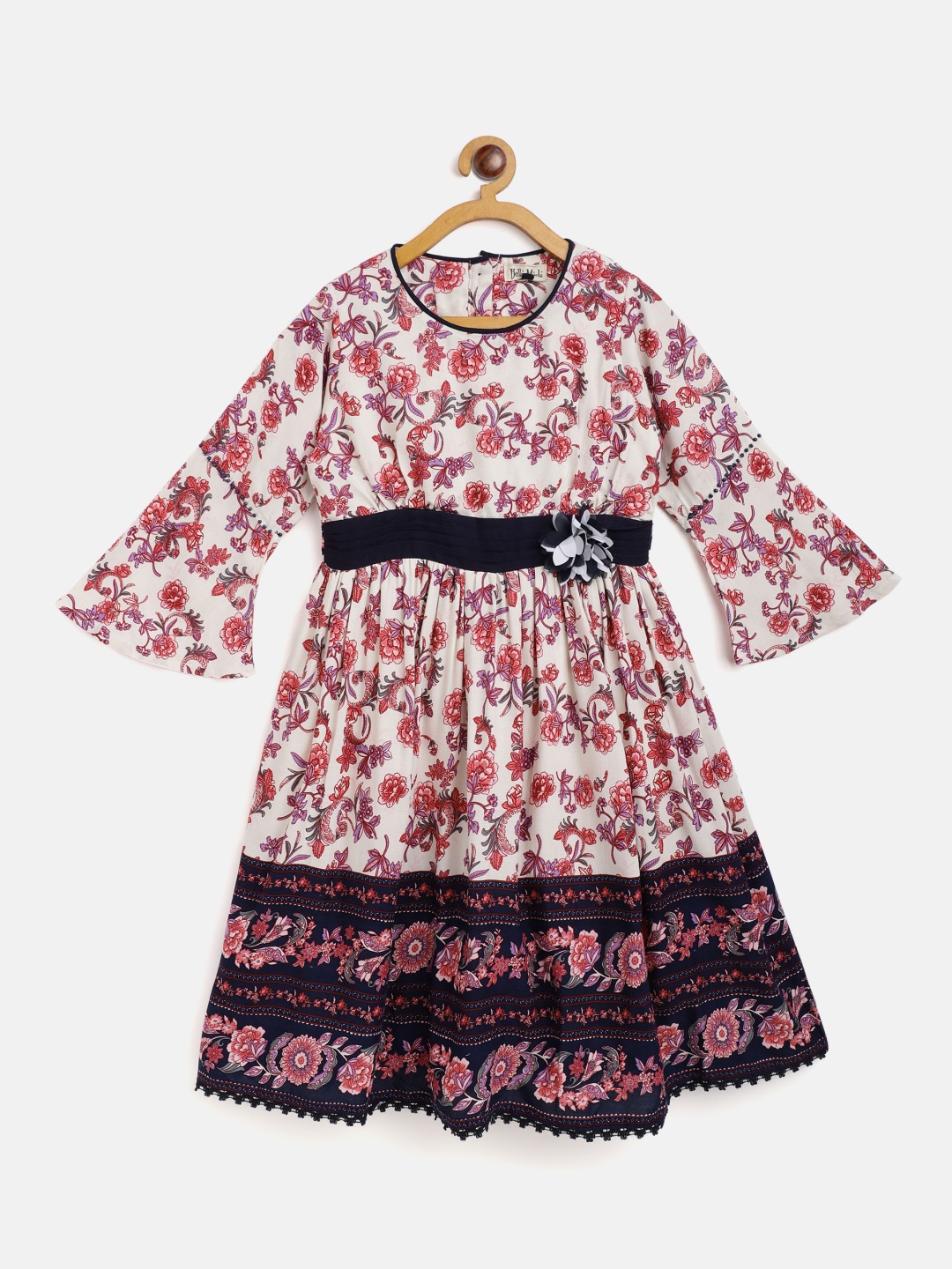 

Bella Moda Girls White & Red Ethnic Motifs Fit and Flare Dress