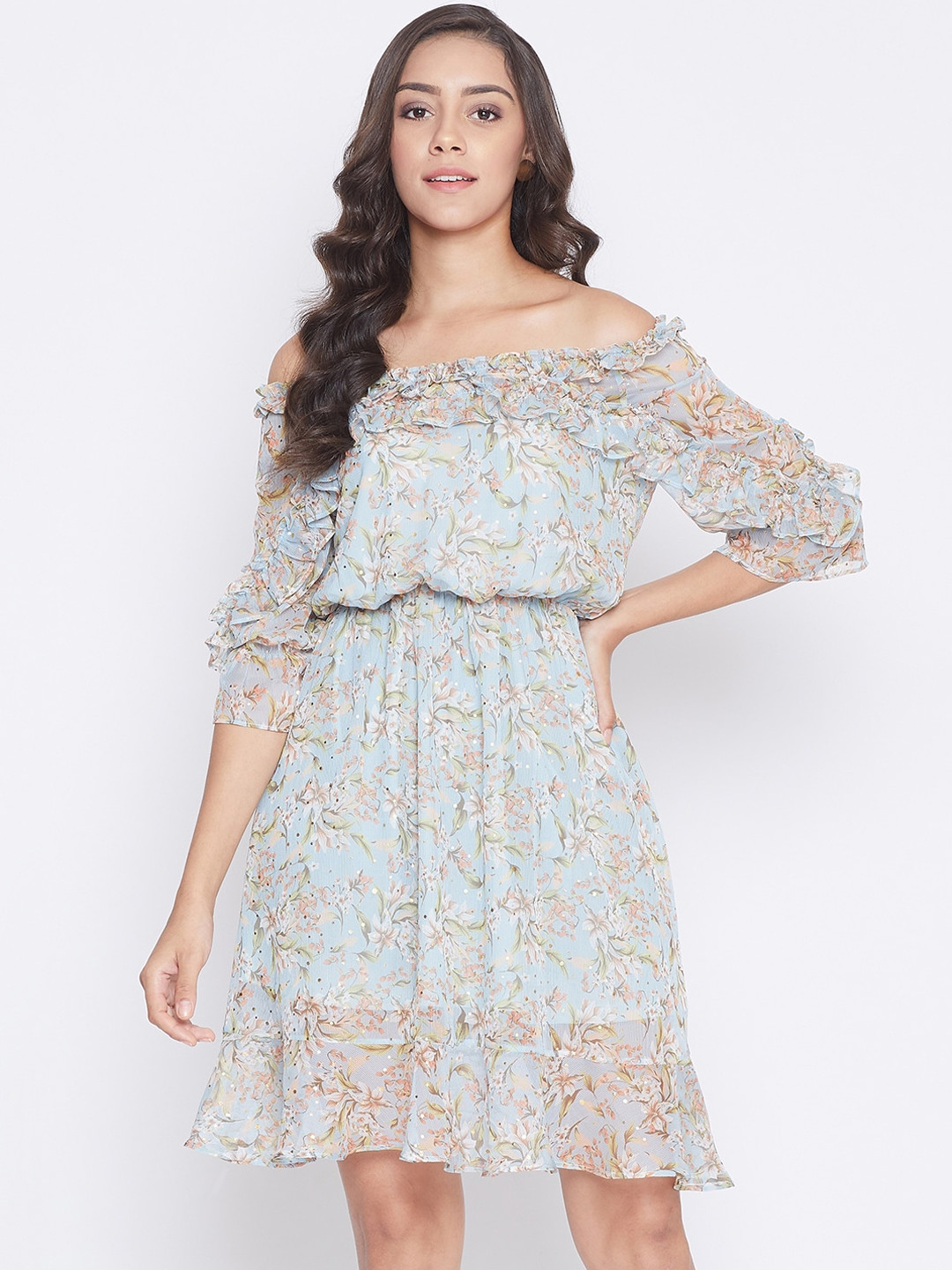 

Madame Blue Floral Printed Off-Shoulder Blouson Dress