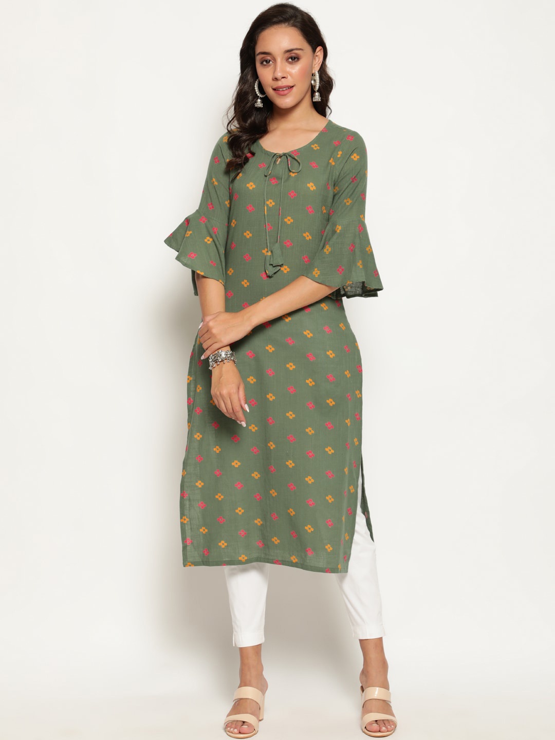 

antaran Women Green Ethnic Motifs Printed Bell Sleeves Cotton Kurta