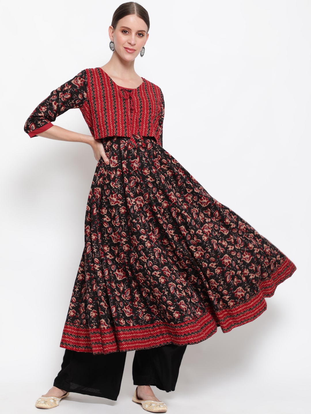 

antaran Women Brown & Red Layered Ethnic Motifs Printed Cotton Kurta