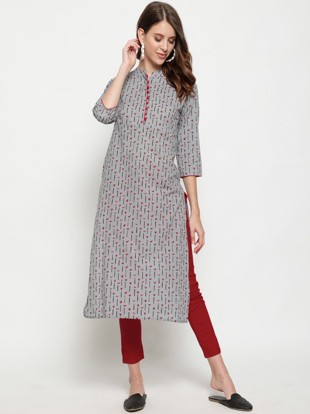 

antaran Women Grey Geometric Printed Cotton Kurta