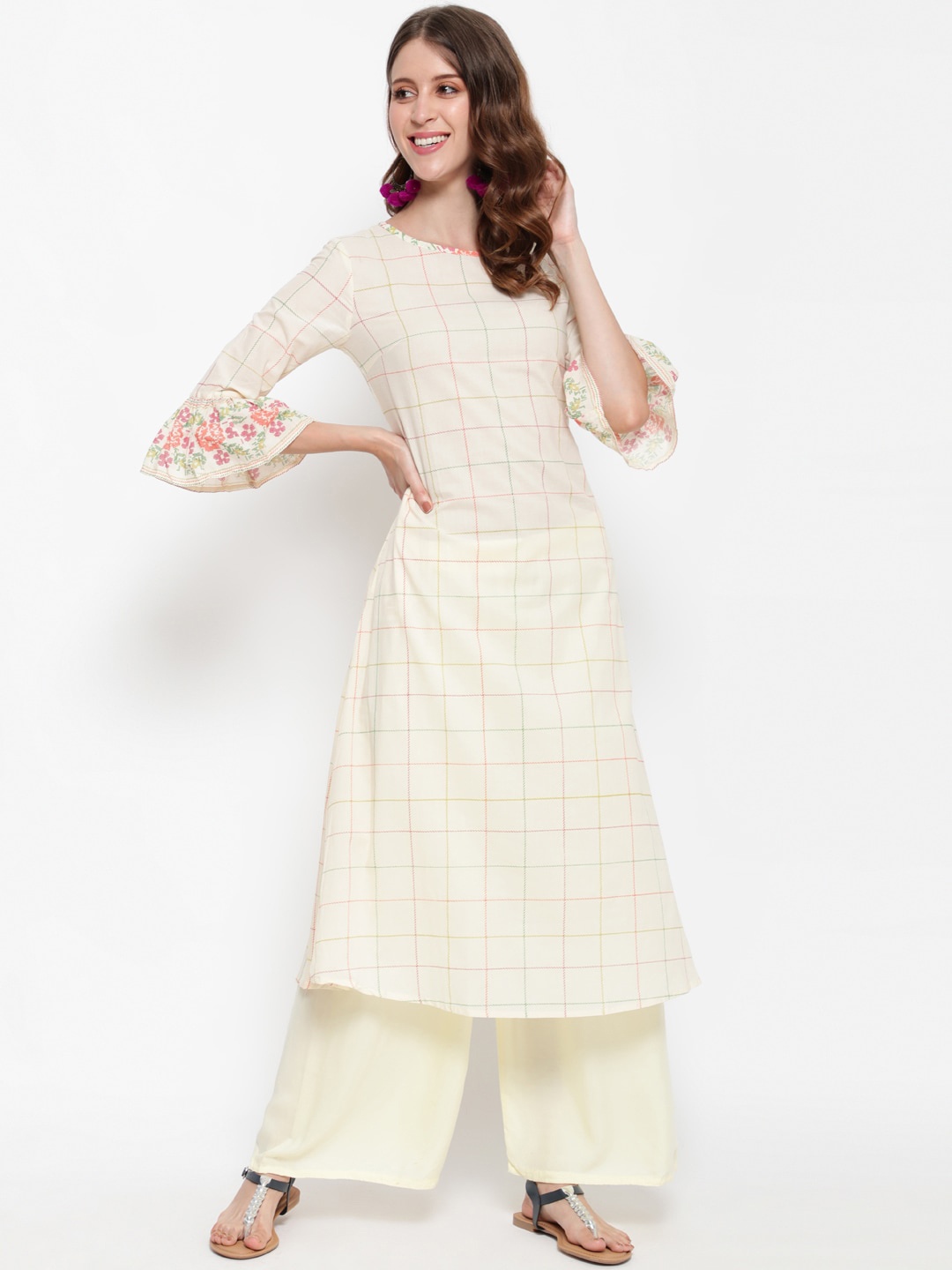 

antaran Women Off White Checked Bell Sleeves A-line Cotton Kurta