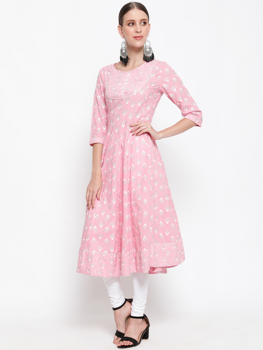 

antaran Women Pink Ethnic Motifs Yoke Design A-Line Cotton Kurta