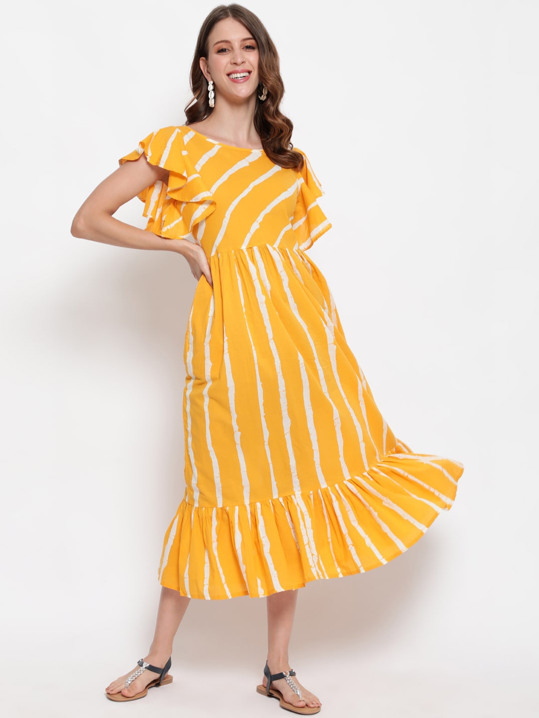 

antaran Mustard Yellow & White Striped Cotton Midi Dress