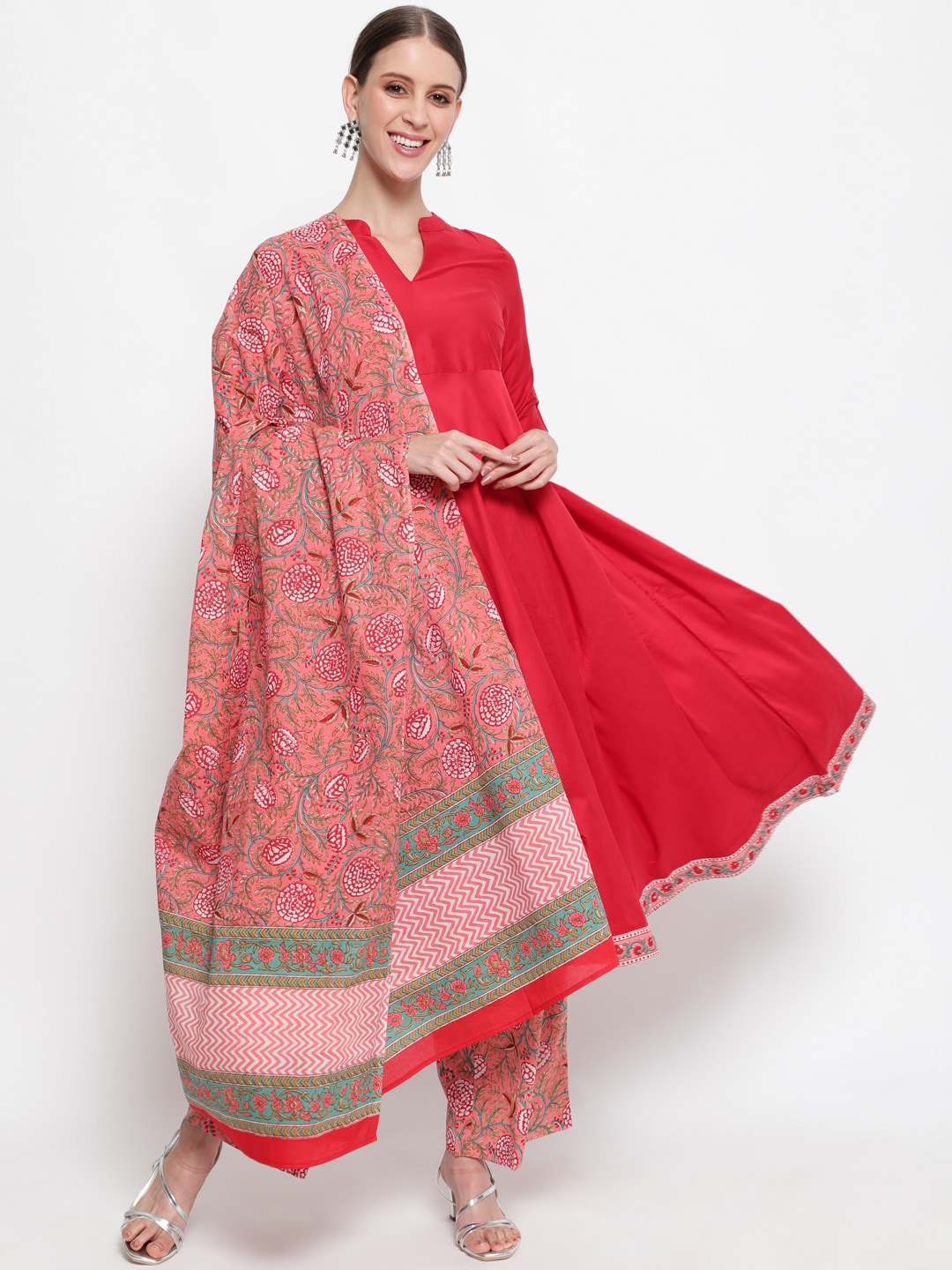 

antaran Women Red Ethnic Motifs Empire Kurta with Trousers & With Dupatta