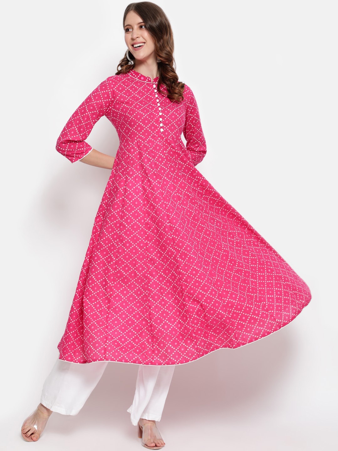 

antaran Women Magenta Bandhani Printed Empire Style A-line Cotton Kurta