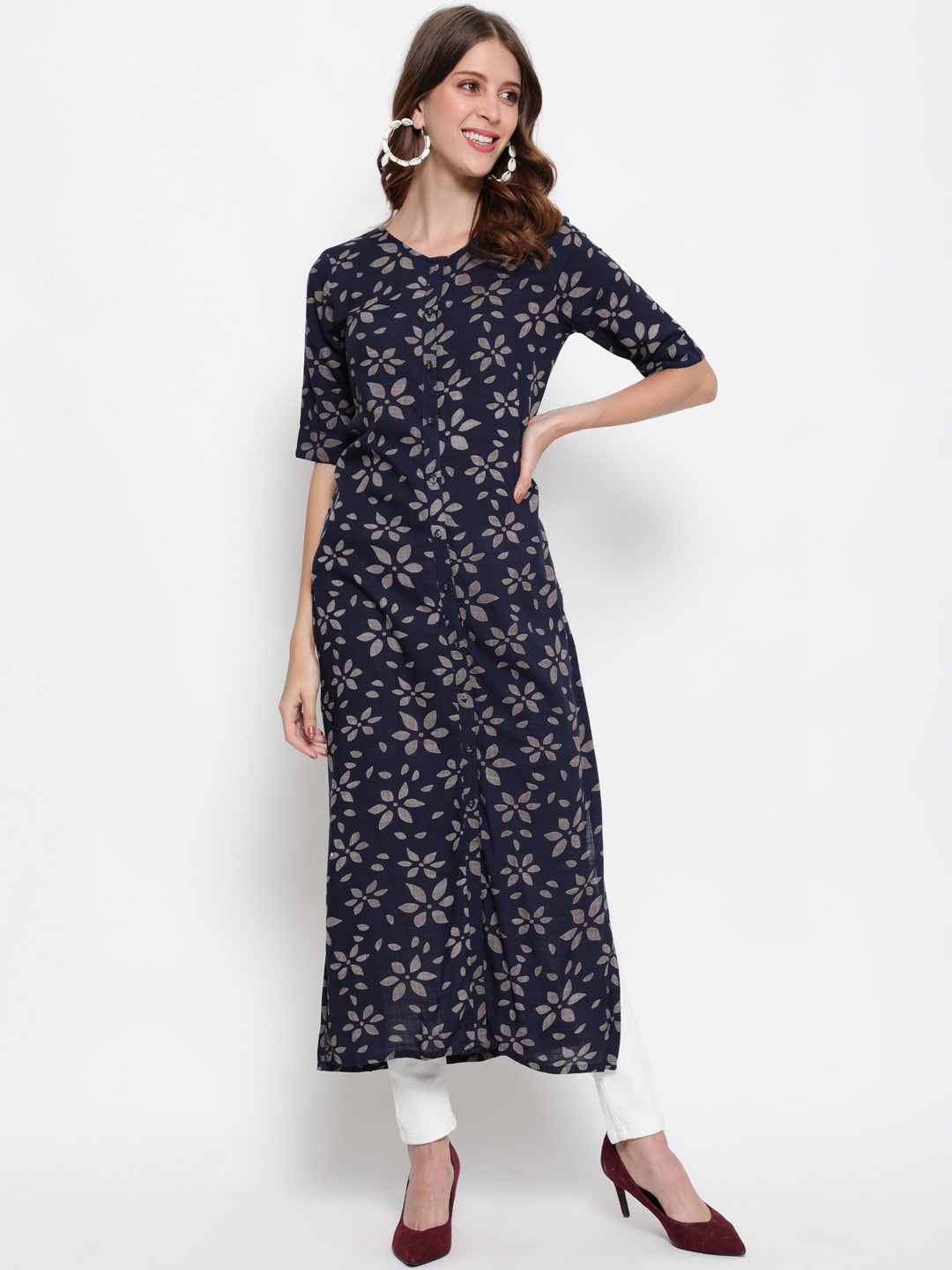 

antaran Women Navy Blue & Grey Floral Printed Indigo Kurta