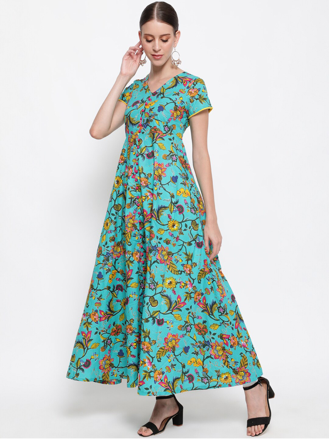 

antaran Women Green Floral Printed Anarkali Cotton Kurta