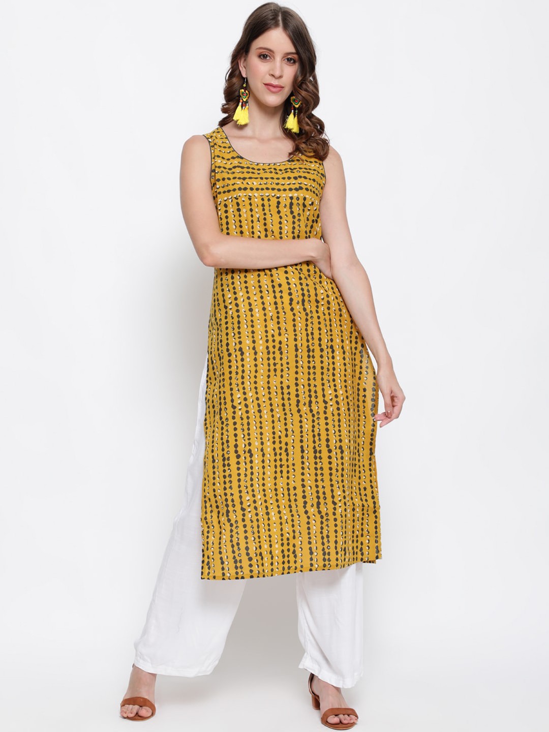 

antaran Women Mustard Yellow Ethnic Striped Cotton Kurta