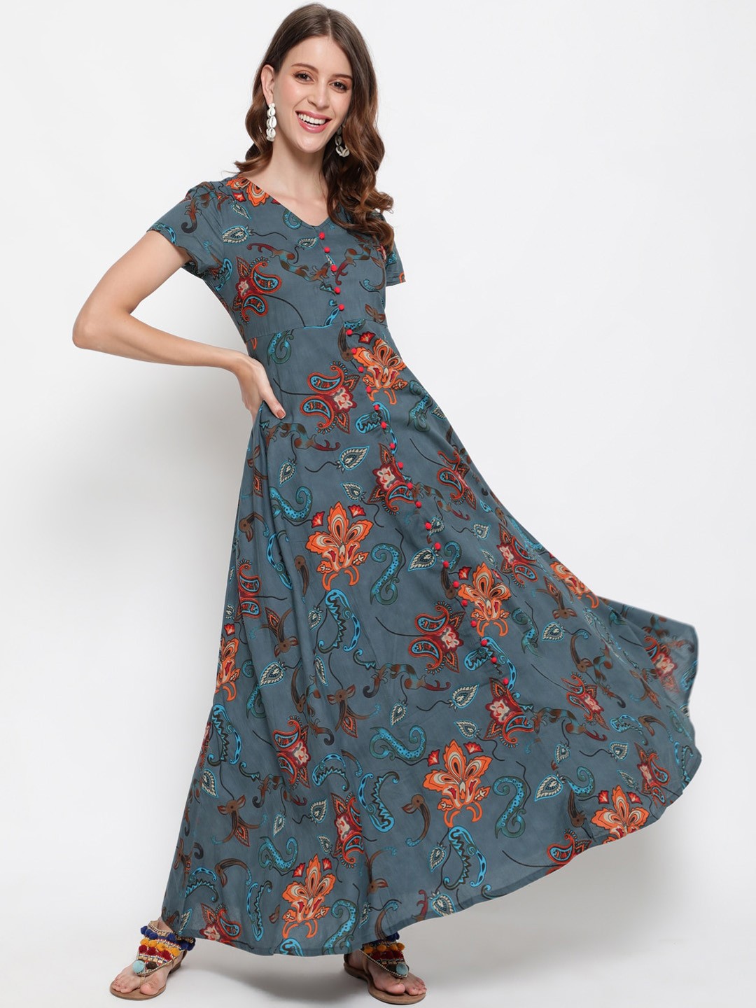

antaran Grey Floral Ethnic Maxi Dress