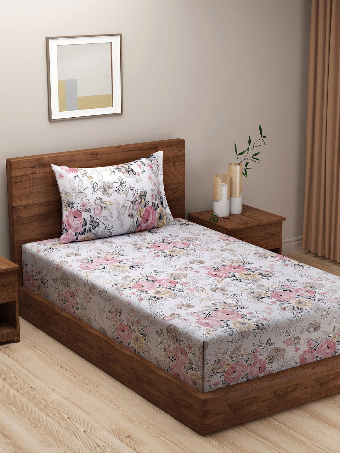 

SWAYAM White & Pink Floral 120 TC Single Bedsheet with 1 Pillow Covers