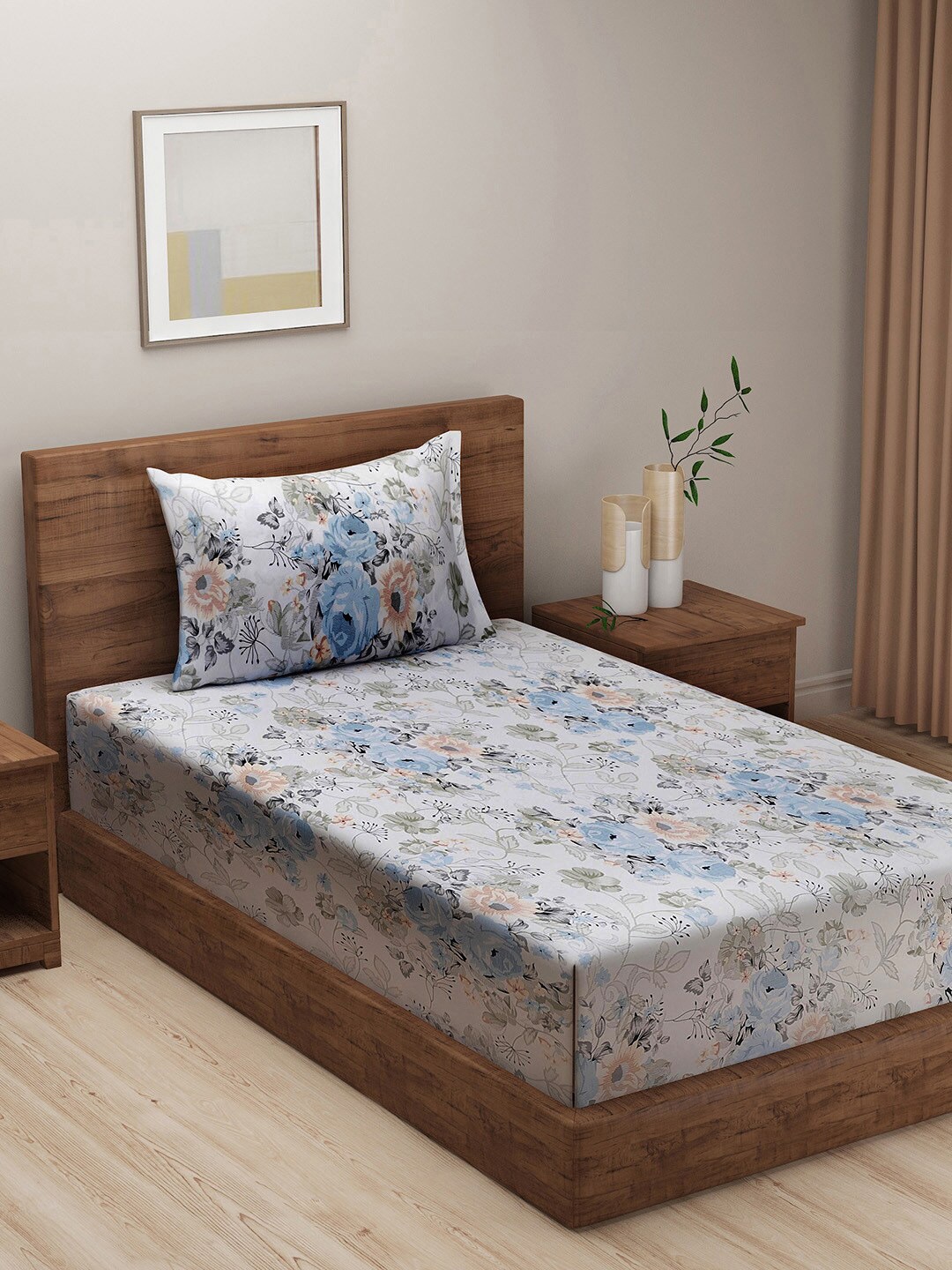 

SWAYAM White & Beige Floral 120 TC Single Bedsheet with 1 Pillow Covers