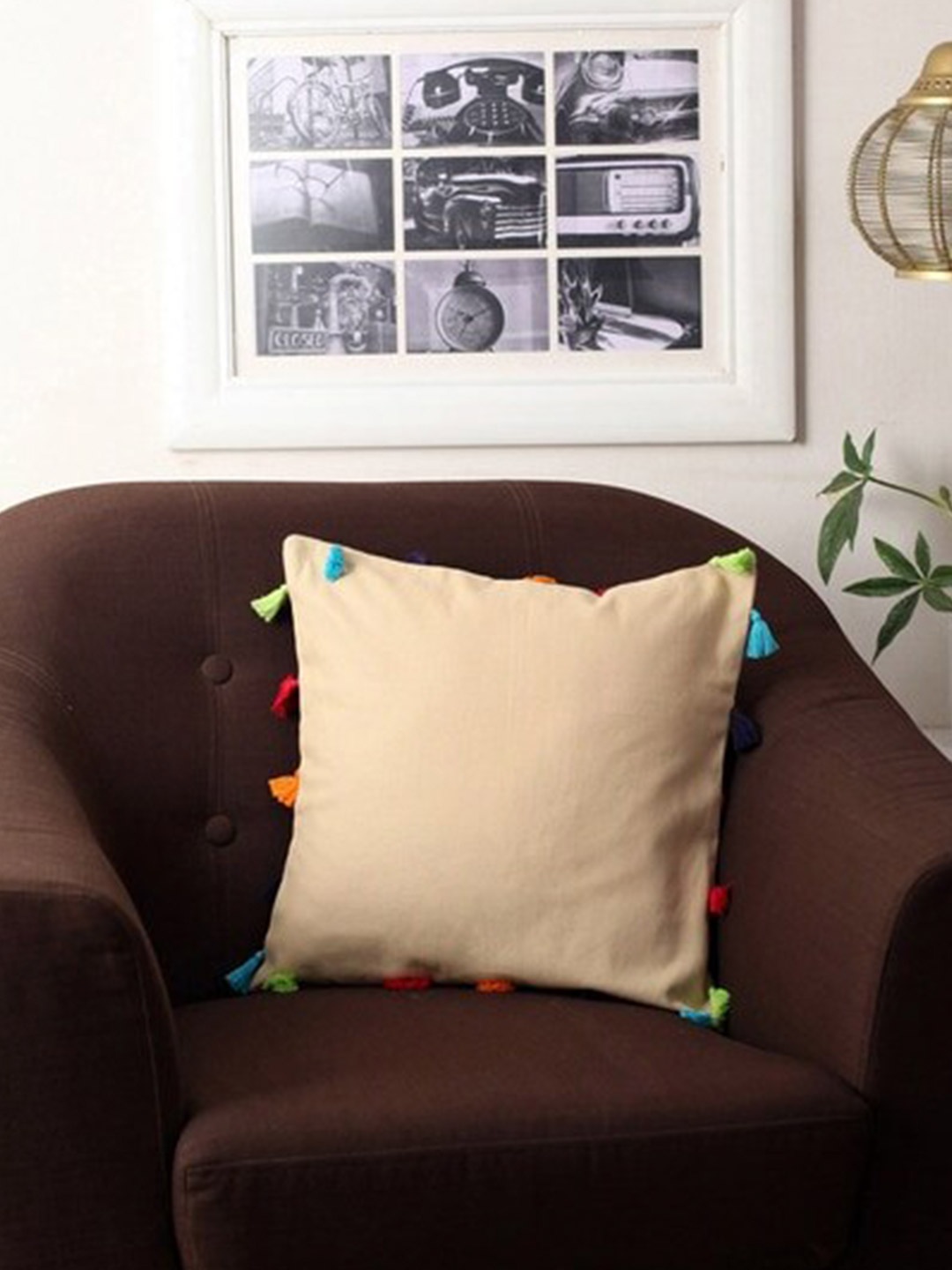 

Lushomes Beige Set of 3 Square Cushion Covers With Tassels