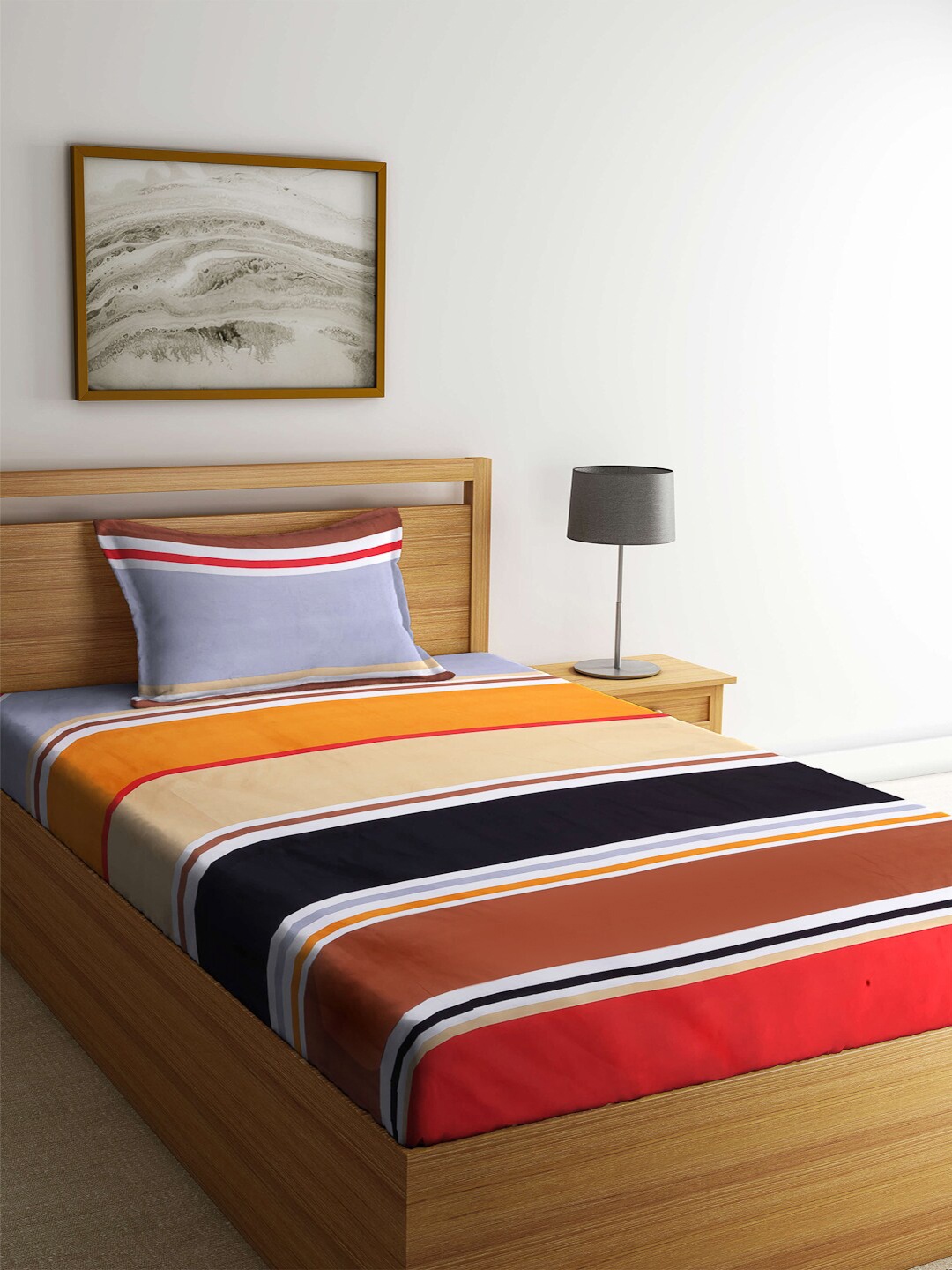 

KLOTTHE Multicoloured Striped 210 TC Single Bedsheet with 1 Pillow Cover, Multi