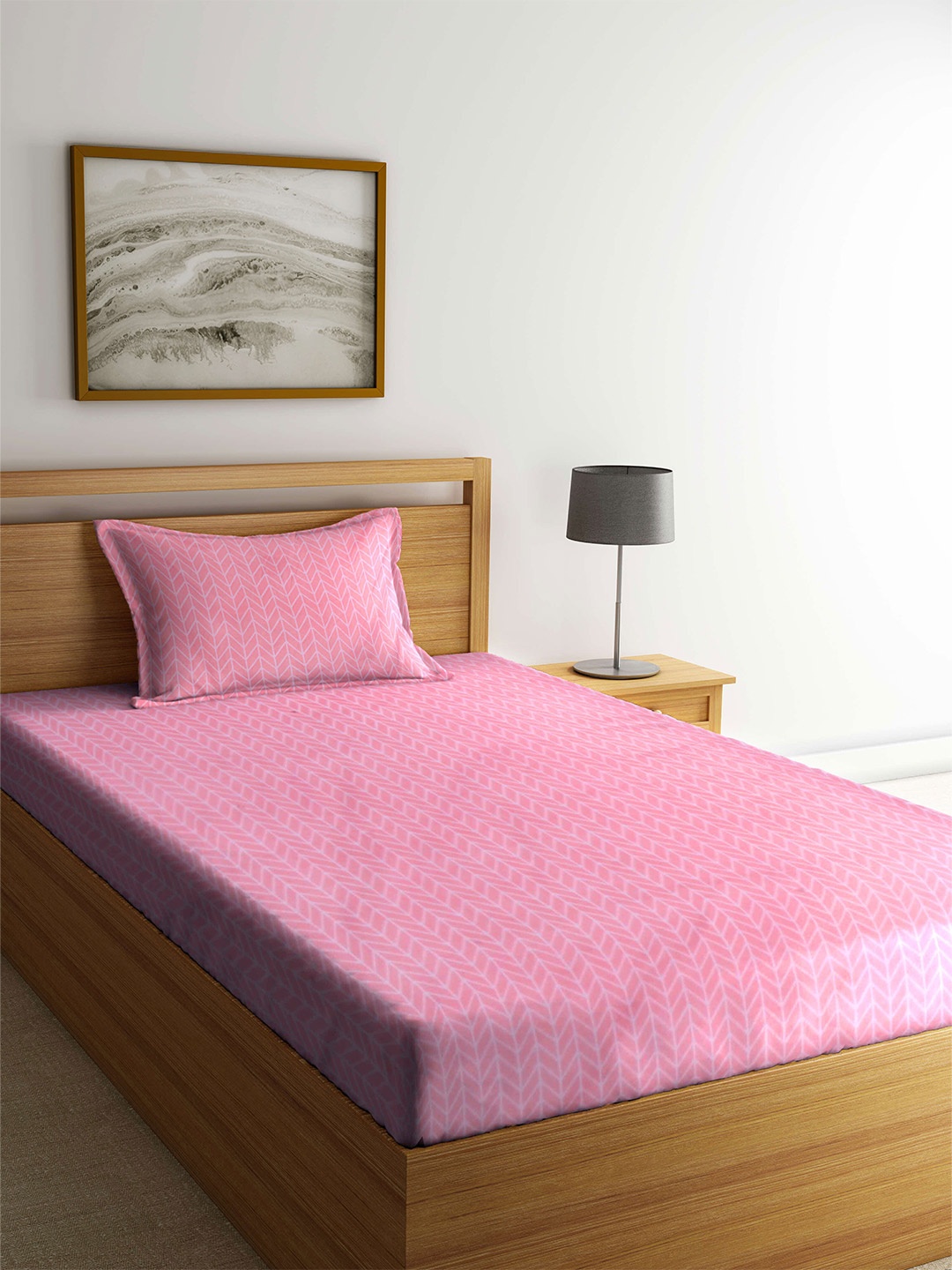 

KLOTTHE Geometric 300 TC Single Bedsheet with 1 Pillow Cover, Pink