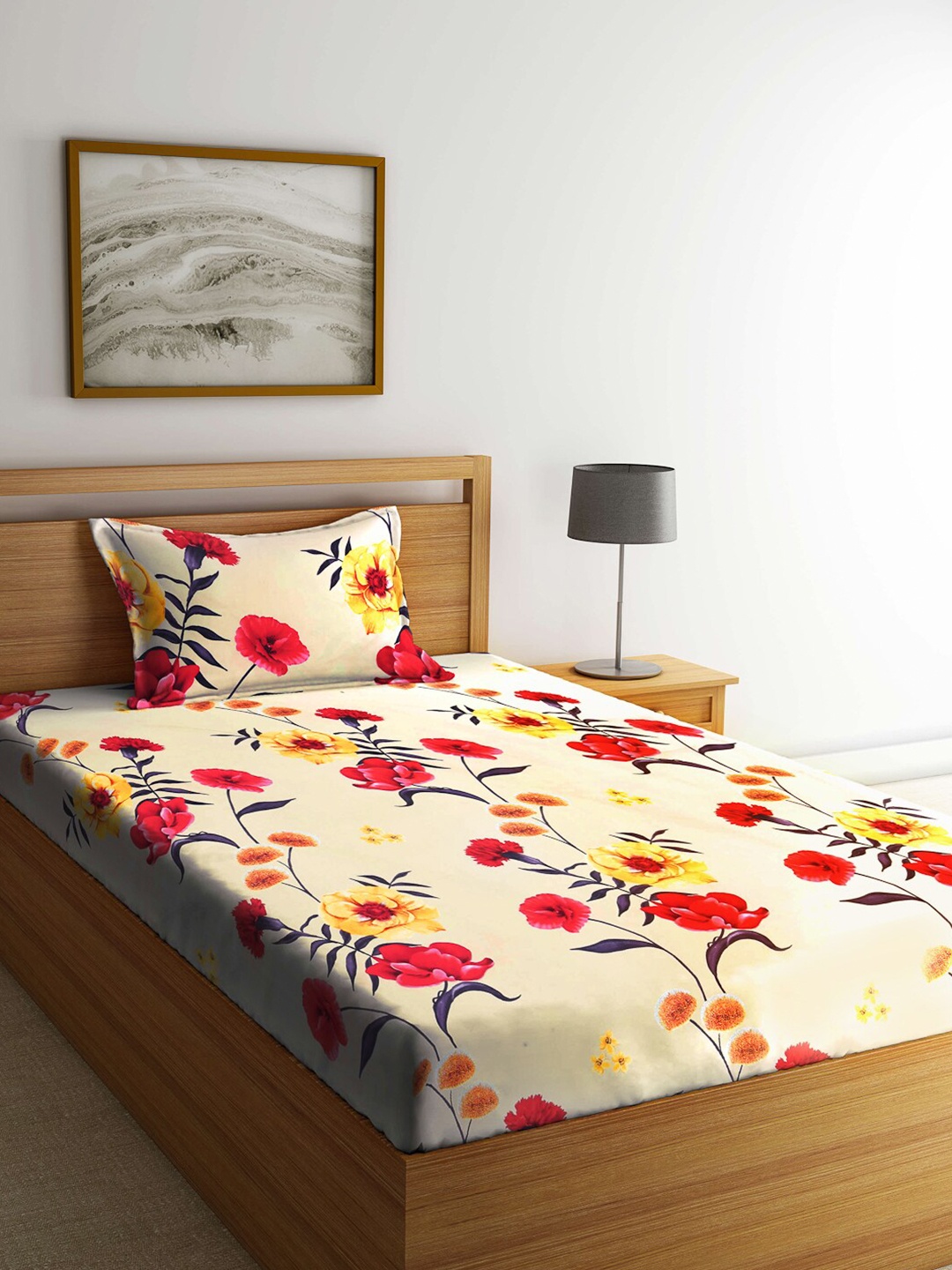 

KLOTTHE Floral Print 300 TC Single Bedsheet with 1 Pillow Cover, Beige