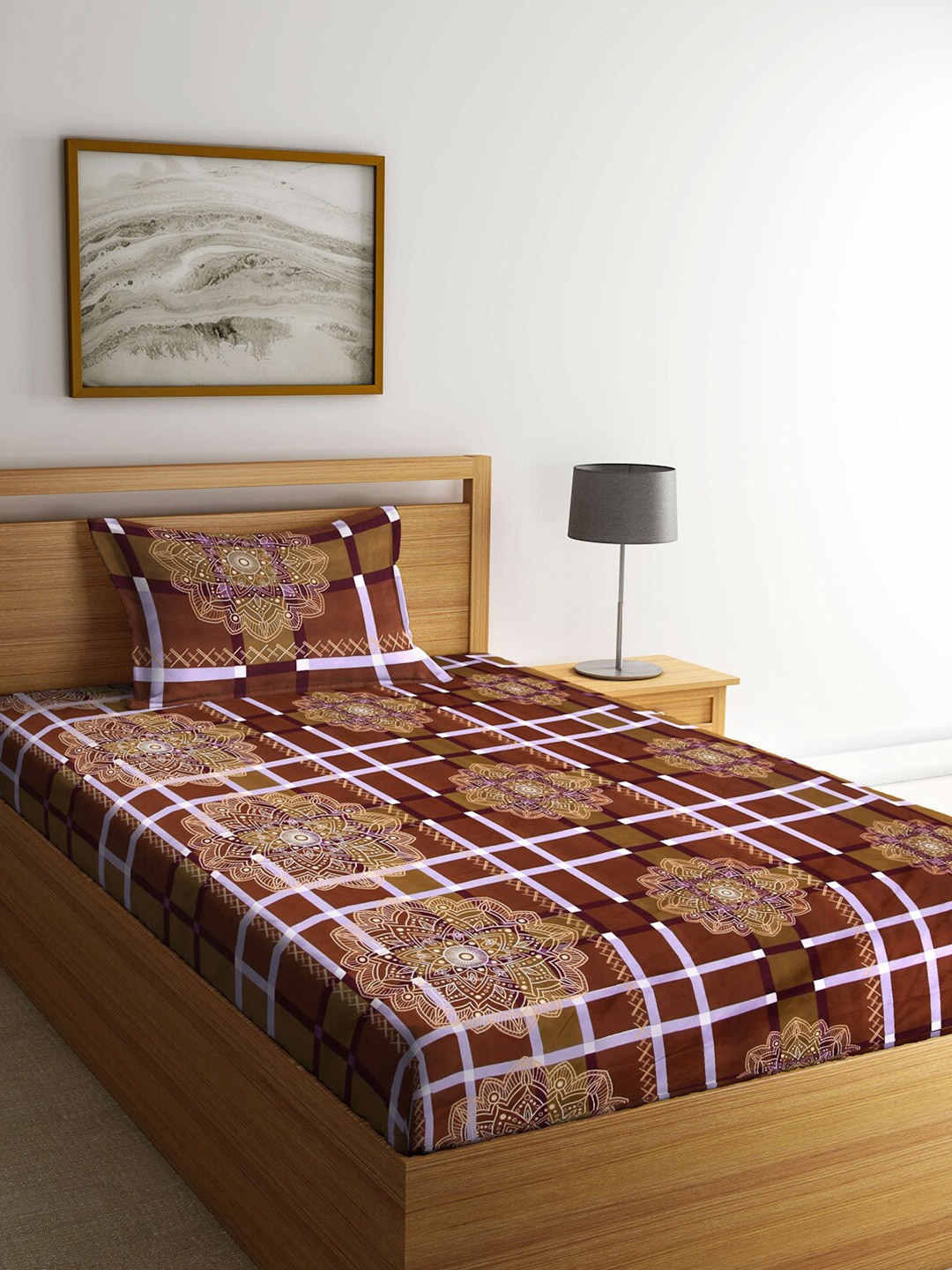 

KLOTTHE Brown & Purple Ethnic Motifs 210 TC Single Bedsheet with 1 Pillow Covers