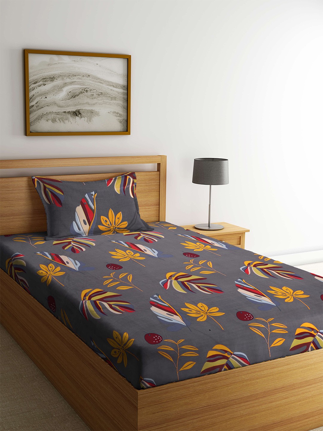 

KLOTTHE Grey Floral 210 TC Cotton Blend Single Bed Sheet with Pillow Cover